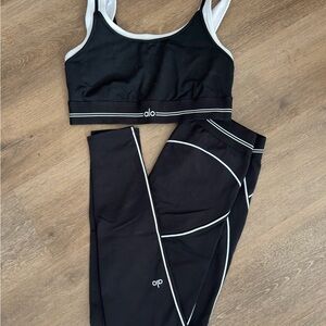 ALO Yoga Black Track Pants & Sports Bra Set with White Trim